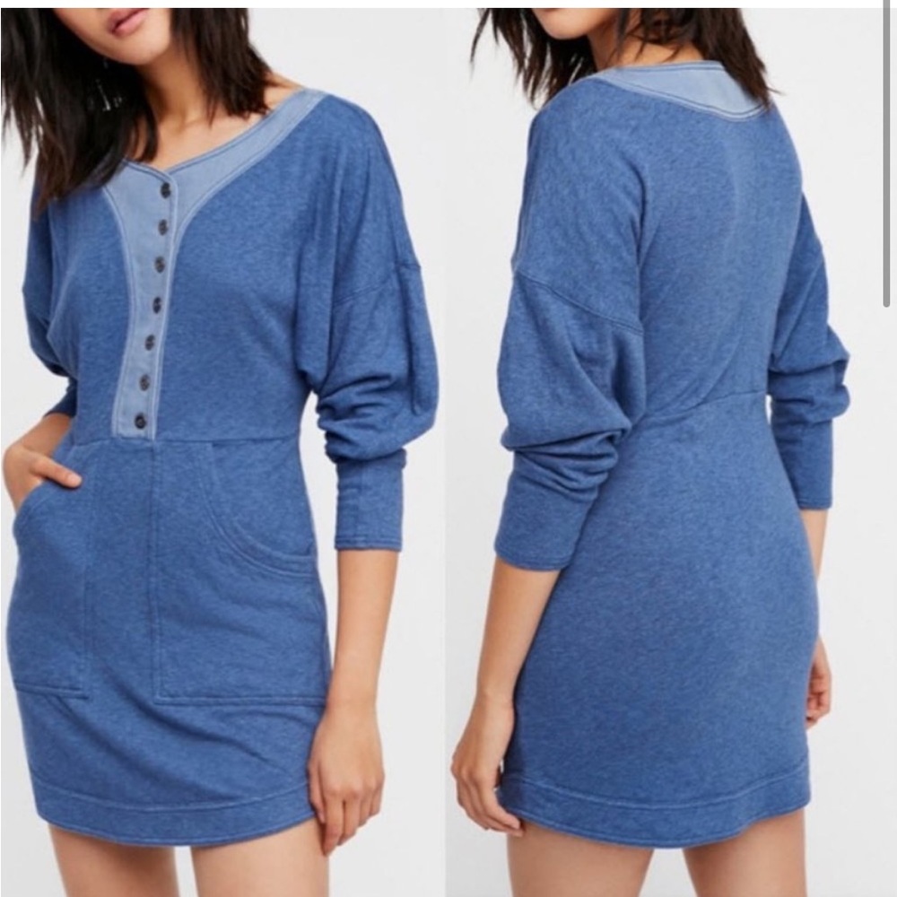 Free People Blue Henley Sweatshirt Mini Dress